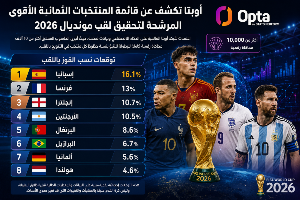 أوبتا تفجر المفاجأة قبل مونديال 2026! الحاسوب العملاق يكشف أقوى 8 منتخبات مرشحة للتتويج بكأس العالم، بينما يواصل المغرب فرض نفسه بين المنتخبات التي تحظى باحترام عالمي بعد إنجازاته التاريخية. فهل ستصدق التوقعات أم أن كرة القدم ستكتب قصة جديدة؟